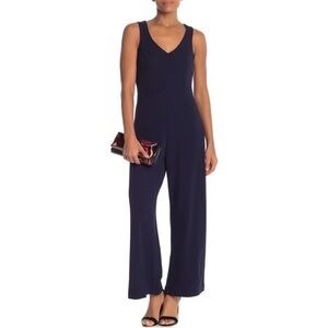 MARINA Stretch Crepe Navy Pants Jumpsuit, 12